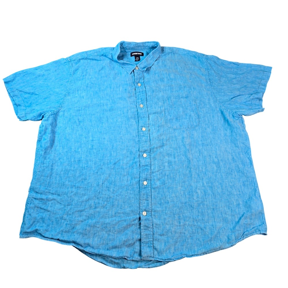 Lands End Men XXL Blue 100% Linen Short Sleeve Button Down Shirt Traditional Fit